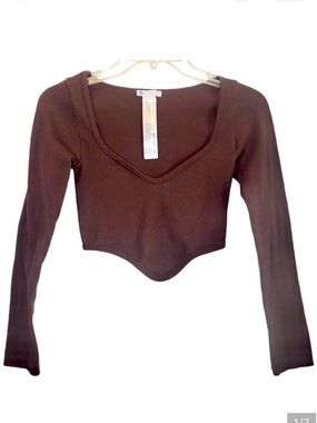 Zara Long Sleeve Ribbed Cropped Top in Brown Women’s M-L